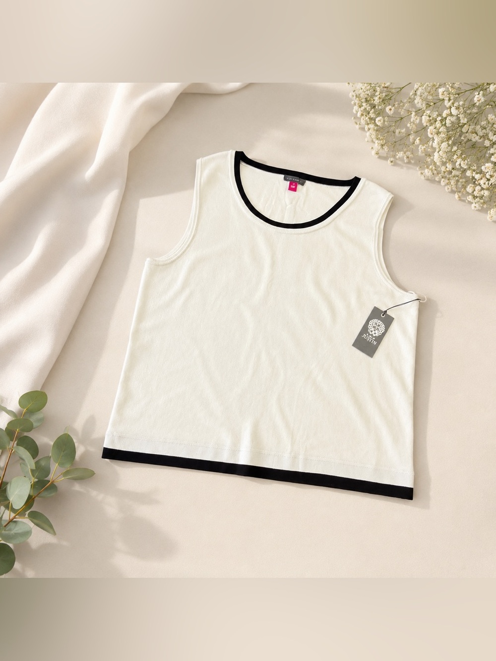 NWT Vince Camuto Contrast Trim Knit Tank Top Ivory Black XL 🤍🖤
